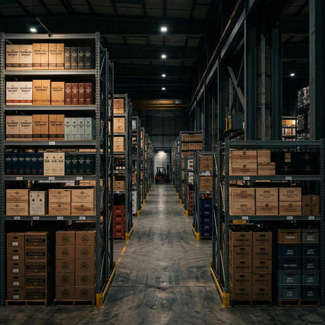 PourPoint warehouse — stacked spirit inventory